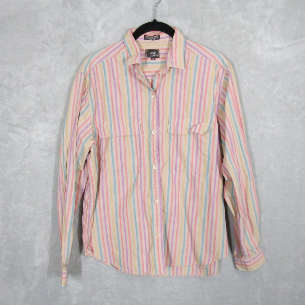 John Henry Striped Shirt Cotton Blend Pastel Colors Long Sleeve Womens Size 14